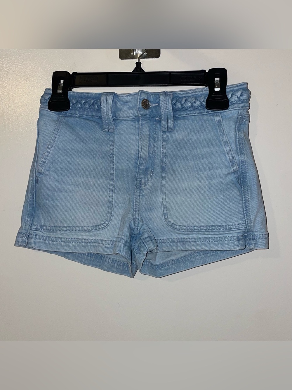 American Eagle Outfitters Light Blue Braided-Waist Denim Shorts